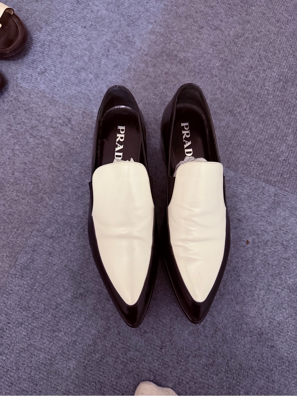 Prada Black and White Pointed Leather Slip-On Loafers
